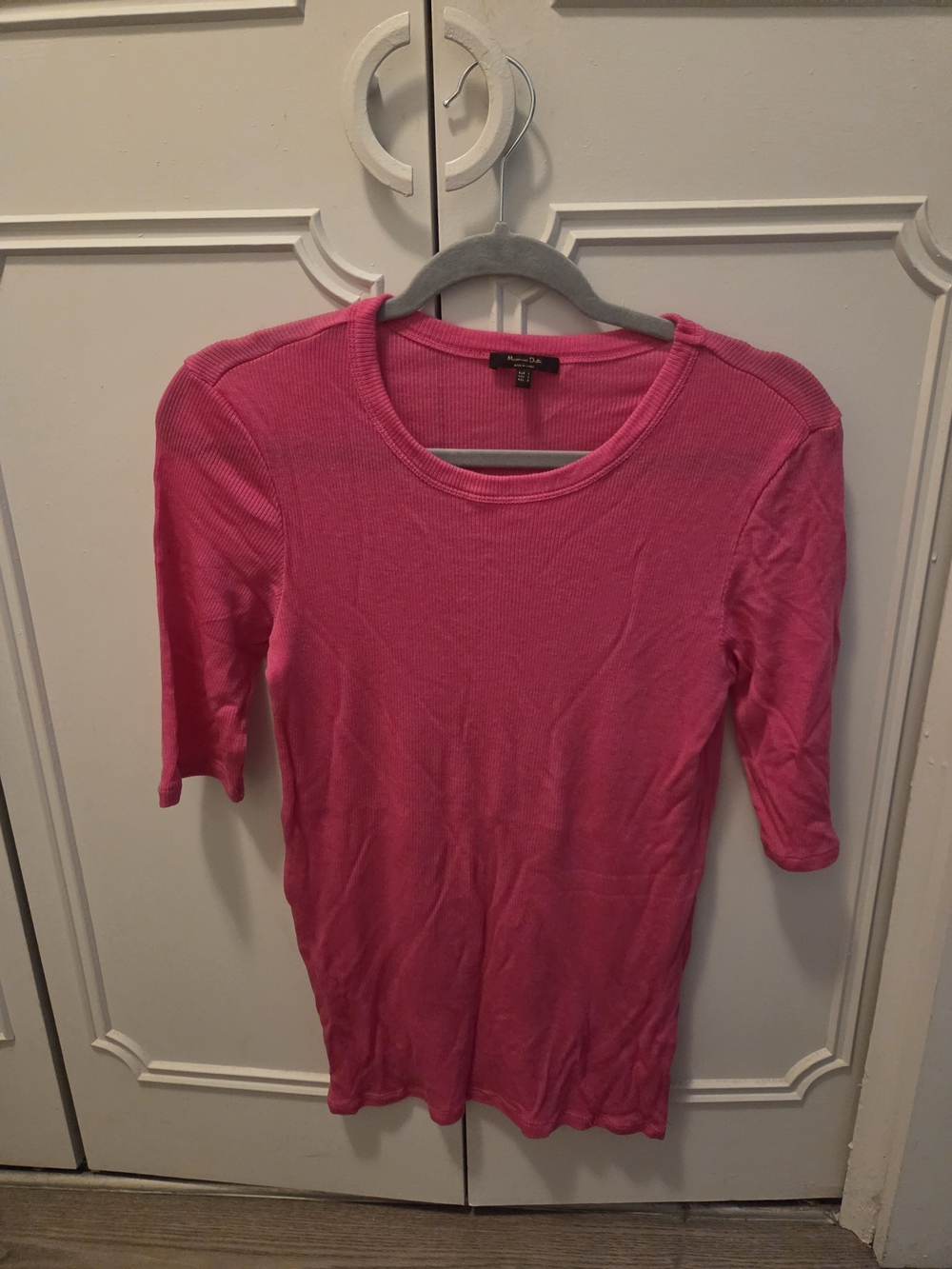 Massimo Dutti Hot Pink Ribbed Short Sleeve Crewneck Top